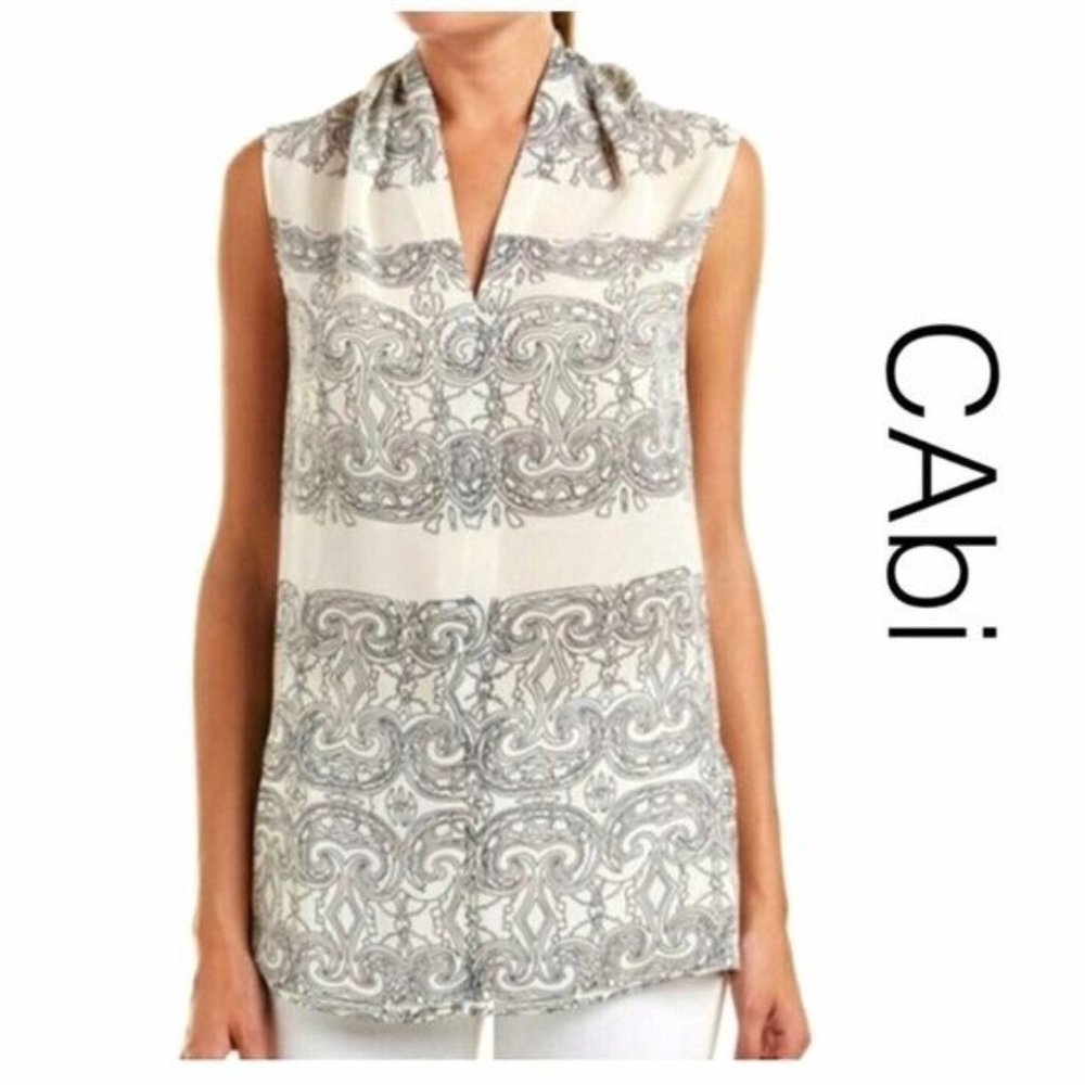 XS CAbi EUC Scrollwork Tunic Blouse Sheer V Neck Black & White Style # 3091